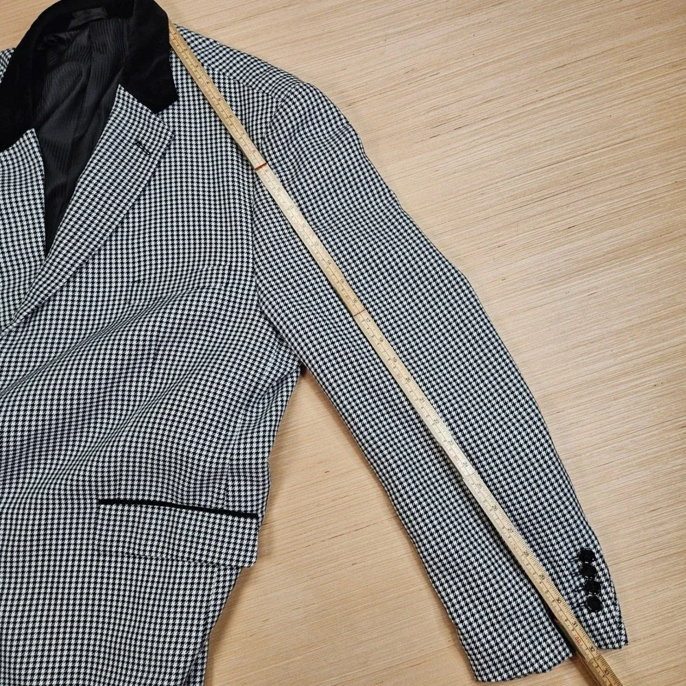 EJ‎ Samuel 3 Piece Suit Mens 54R 48x28 Black Houndstooth Velvet Trim M2692